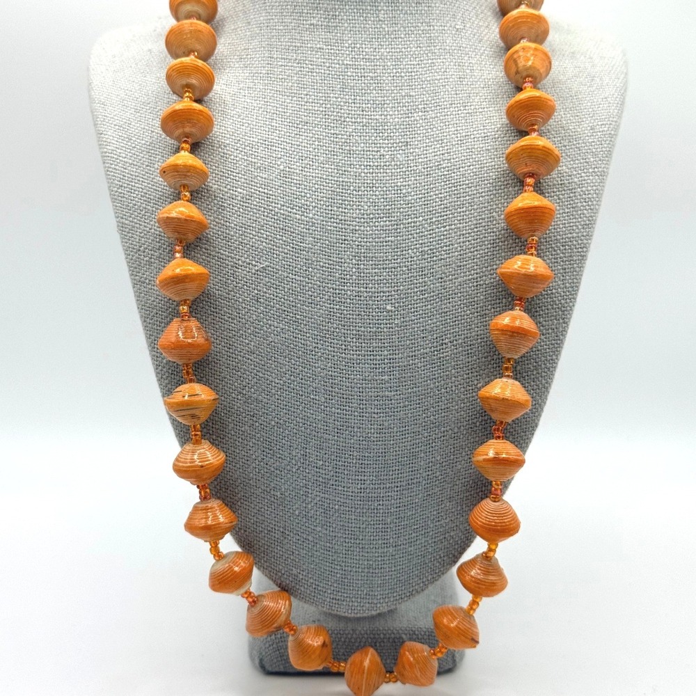 BeadforLife Orange Paper Bead Necklace Handmade Uganda Toggle Clasp 18"